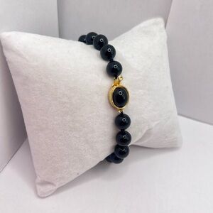 Vintage Black Beaded Bracelet w/ Gold-Tone Center Accent
